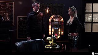 blonde milf hostess freezes huge tits exposed for rough doggystyle pounding and creampie