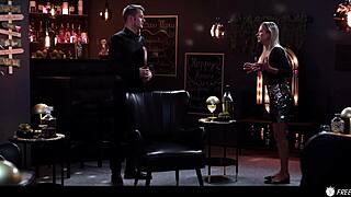 blonde milf hostess freezes huge tits exposed for rough doggystyle pounding and creampie