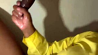 lactating woman milks huge cock on desk with massive cum on tits