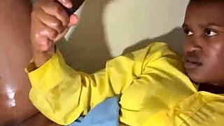 lactating woman milks huge cock on desk with massive cum on tits