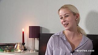 blonde babe spreads shaved pussy wide for deep dildo masturbation closeup