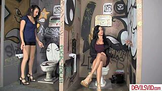 Holy Fuck! Two Sluts Deepthroat Big Cock in Public Toilet Gloryhole!