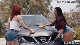 milf romi rain waxes car while shemale gf ariel demure strokes big cock