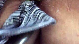 guy strokes with stolen thong in kitchen