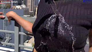 hey girls, suck this big cock barefoot on the patio, wet footjobs threesome outdoor