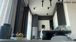 Fit brunette's pantyless housework hides shaved pussy tease
