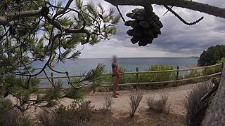 Hey French girl, watch me flash my cock on this beach path—you help me cum right in your mouth, caught on cam!