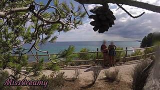 Hey French girl, watch me flash my cock on this beach path—you help me cum right in your mouth, caught on cam!