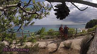 Hey French girl, watch me flash my cock on this beach path—you help me cum right in your mouth, caught on cam!