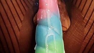 Bad dragon dildo stretches wet hairy pussy up close