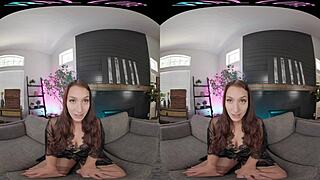 Vrallure brunette teases big tits in stockings up close