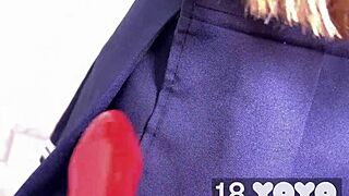 teacher slips dildo to petite student in classroom oral tease!