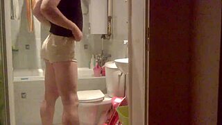 tranny strokes her hard cock in hot solo masturbation