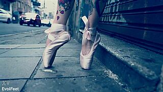 Ballerina struts street in ballet shoes begging foot worship