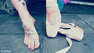 Ballerina struts street in ballet shoes begging foot worship