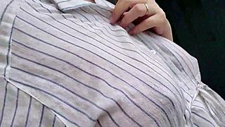 Excited chubby japanese wife masturbates big tits outdoors solo