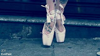Ballerina struts street in ballet shoes begging foot worship
