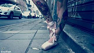 Ballerina struts street in ballet shoes begging foot worship