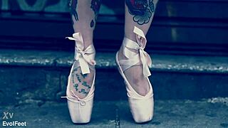 Ballerina struts street in ballet shoes begging foot worship
