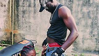 petite biker gangster pounded boldly standing on bike in public garage