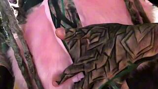 Tattooed Glasses Cutie in Fur Lingerie Creams Hard on Dildo