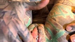 Tattooed Glasses Cutie in Fur Lingerie Creams Hard on Dildo