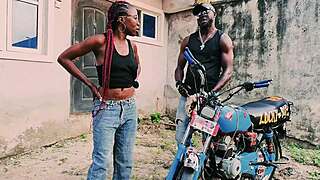 petite biker gangster pounded boldly standing on bike in public garage