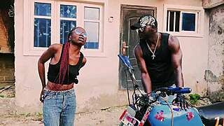 petite biker gangster pounded boldly standing on bike in public garage