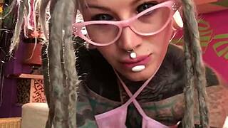 Tattooed Glasses Cutie in Fur Lingerie Creams Hard on Dildo