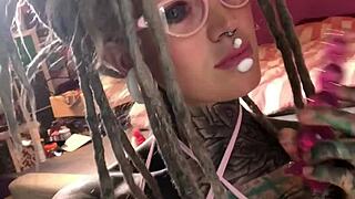 Tattooed Glasses Cutie in Fur Lingerie Creams Hard on Dildo