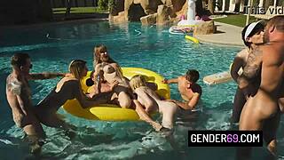 four shemales ready to suck and bareback fuck at this wild pool orgy?