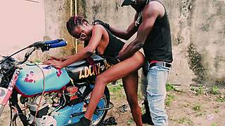 petite biker gangster pounded boldly standing on bike in public garage