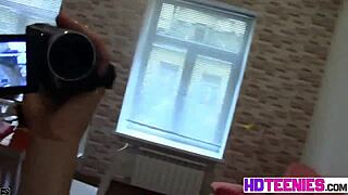 russian brunette strips closeup revealing shaved pussy tease