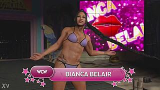 bianca belair struts muscular ebony body in bikini entrance