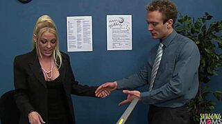 hey, check out this blonde milf at work spreading shaved pussy for reverse cowgirl ride