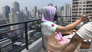 Hijab nurse sneaks rooftop for wet public blowjob, skirt up high