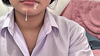 asian schoolgirl student deepthroats huge cock for creamy mouth explosion