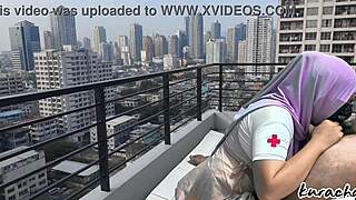 Hijab nurse sneaks rooftop for wet public blowjob, skirt up high