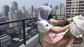 Hijab nurse sneaks rooftop for wet public blowjob, skirt up high