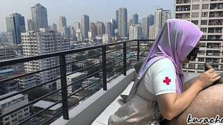 Hijab nurse sneaks rooftop for wet public blowjob, skirt up high