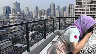 Hijab nurse sneaks rooftop for wet public blowjob, skirt up high