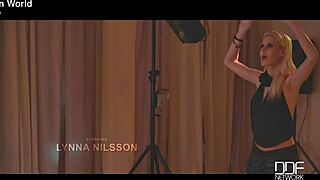 Blonde hottie strips shorts heels for shaved pussy tease