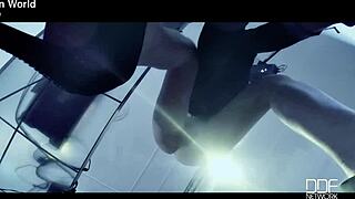 Blonde hottie strips shorts heels for shaved pussy tease