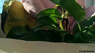naked outdoor flashing big tits and miniskirt on balcony watering plants