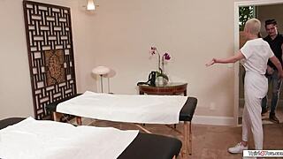 masseuse slicks up tgirl and guy cocks for oily jerkoff