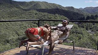 wife surprises with sexy red lingerie flashing tanned ass outdoor