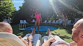 wild pool orgy with skinny blondes riding cocks squirting