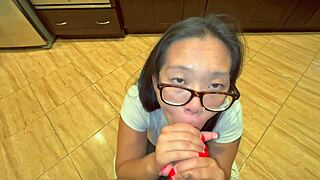 Sexy Asian on Knees Delivers Sloppy Deepthroat Blowjob Facial Cumshot