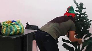 Office Worker with Huge Ass Trims Christmas Tree Suggestively