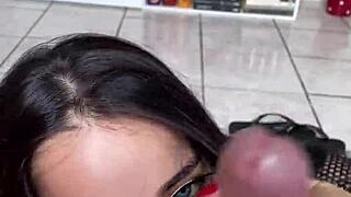 blue eyed brunette gives deep sloppy blowjob to big cock